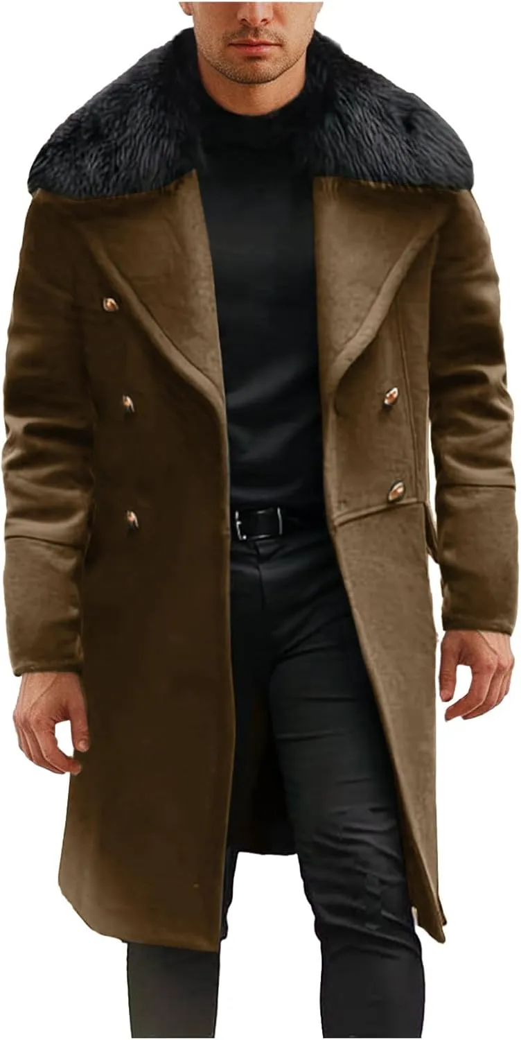 yardsong Mens Fashion Trench Coat Wool Blend Faux Fur Collar Lapel Pea Coats Double Breasted Slim Fit Winter Jackets